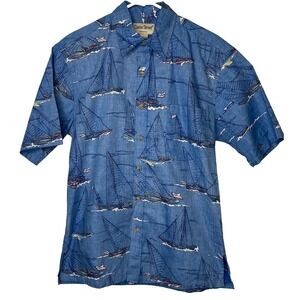 Cooke Street Honolulu Button Up Shirt Mens Small Blue Tropical Hawaii Sailboats